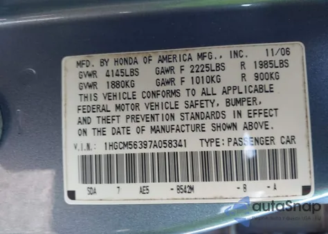 2007 Honda Accord 2.4 Se z USA, uszkodzony, nr VIN 1HGCM56397A058341
